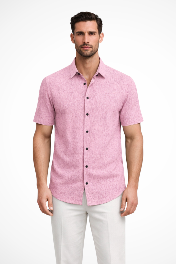 Relaxed fit men's short sleeve button down shirt, casual summer wear, comfortable for warm weather.