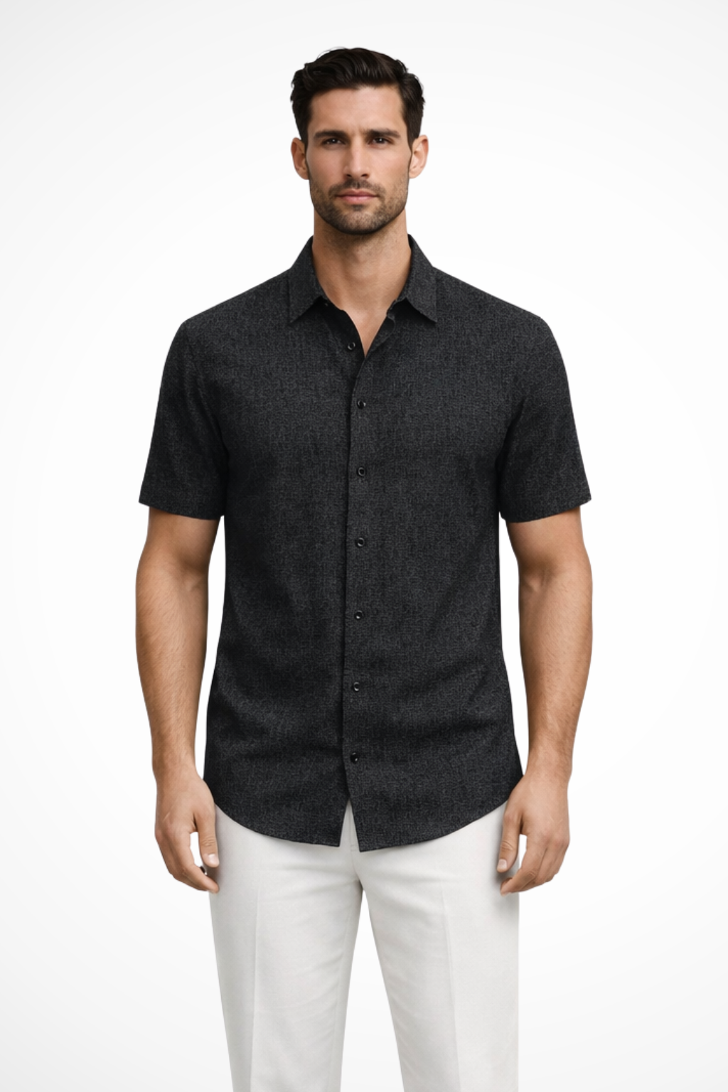 Men's summer party shirt, short sleeve button down, casual and stylish for warm weather. Relaxed fit.