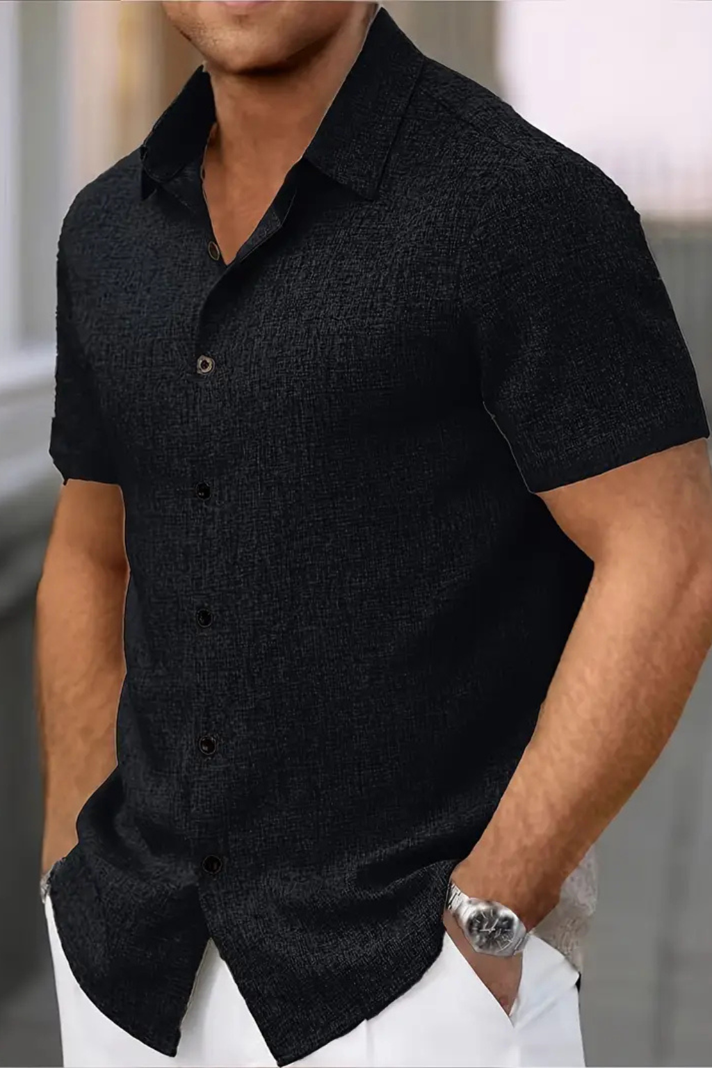 Men's casual short sleeve button down shirt, perfect for beach or summer strolls. Warm weather top.