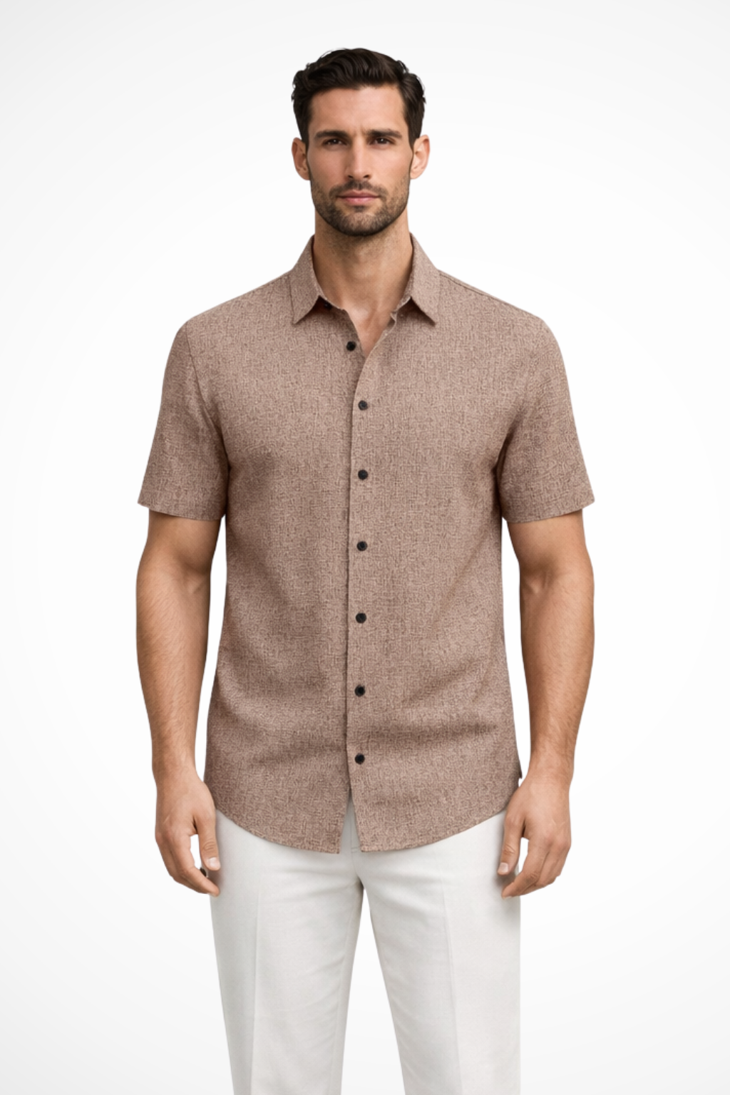 Lightweight men's short sleeve button down shirt, ideal for casual summer style & comfort. Versatile.