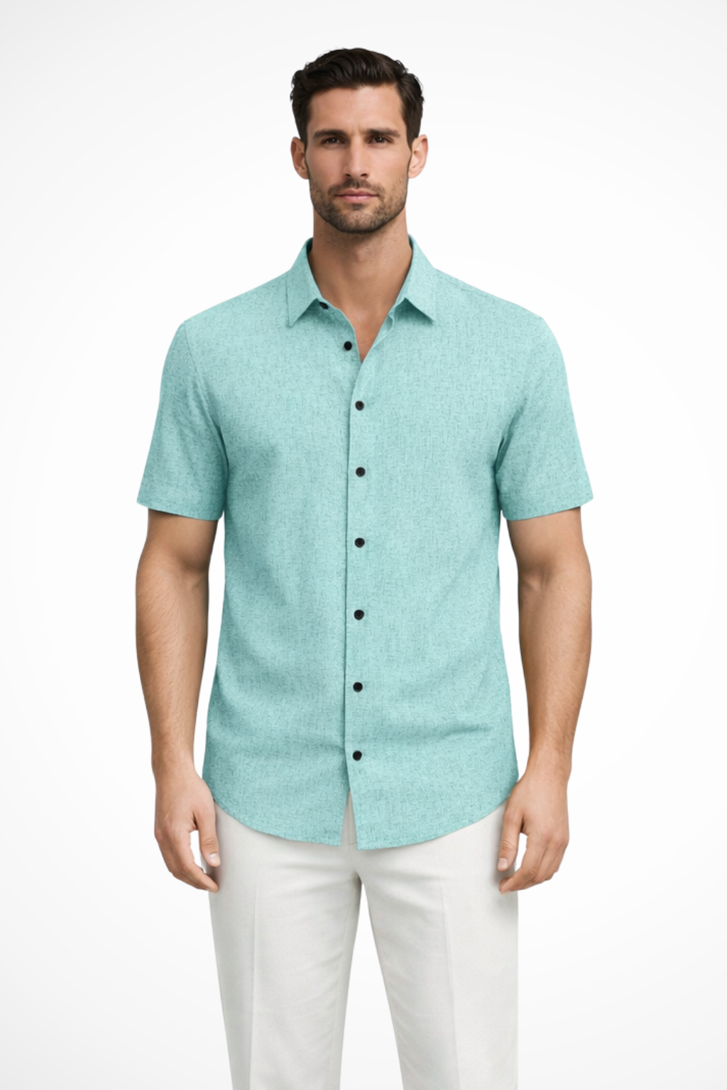 Geometric print men's short sleeve button down, stylish casual summer shirt, warm weather fashion.