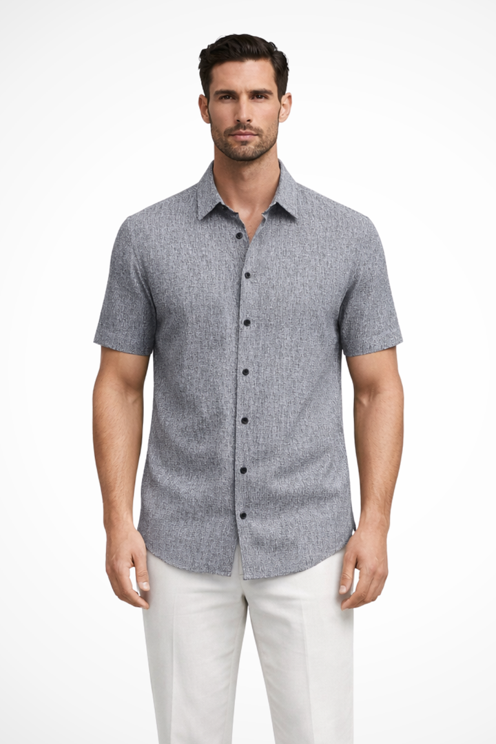 Versatile men's casual short sleeve button down shirt, stylish for summer everyday wear. Relaxed fit.