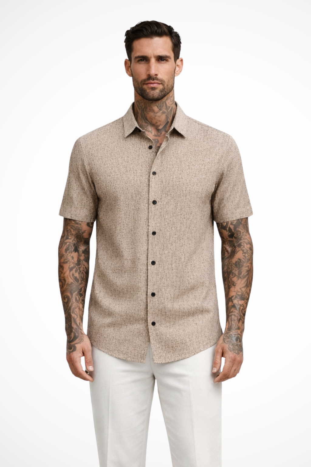 Casual men's summer shirt, short sleeve button down, ideal for warm weather outings. Everyday top.
