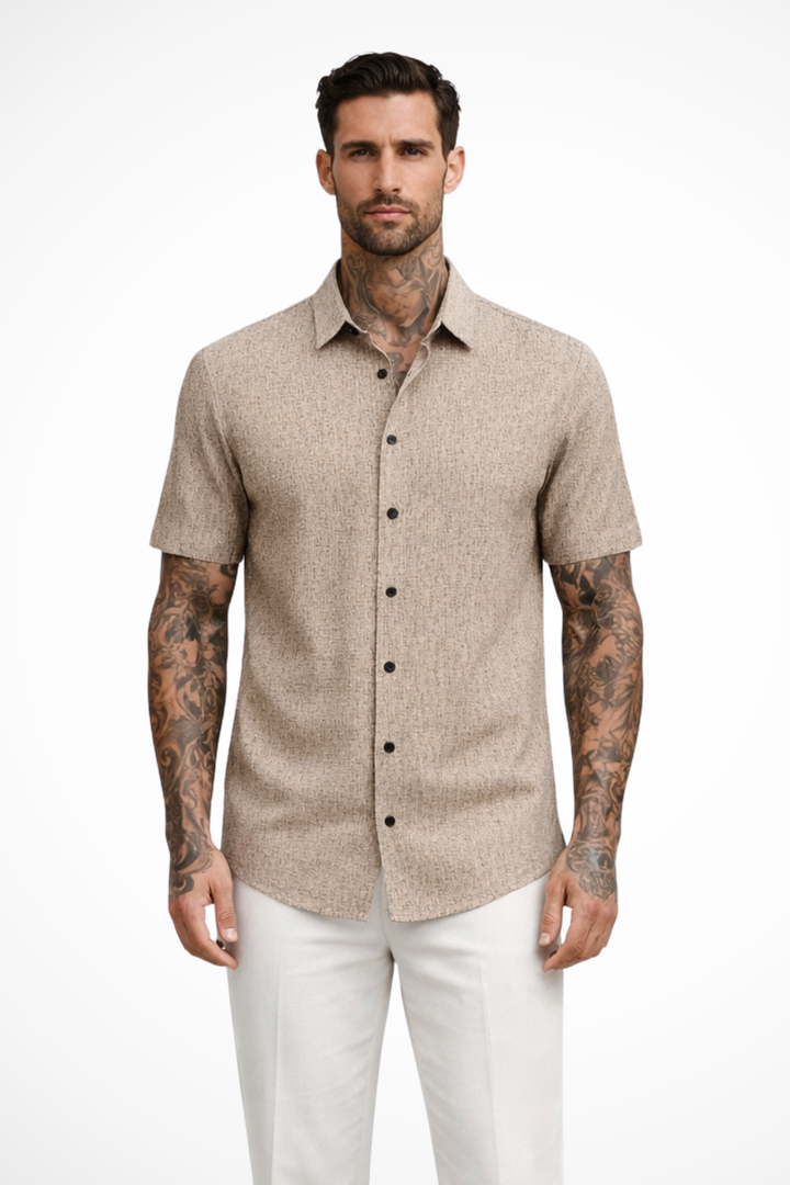 Casual men's summer shirt, short sleeve button down, ideal for warm weather outings. Everyday top.