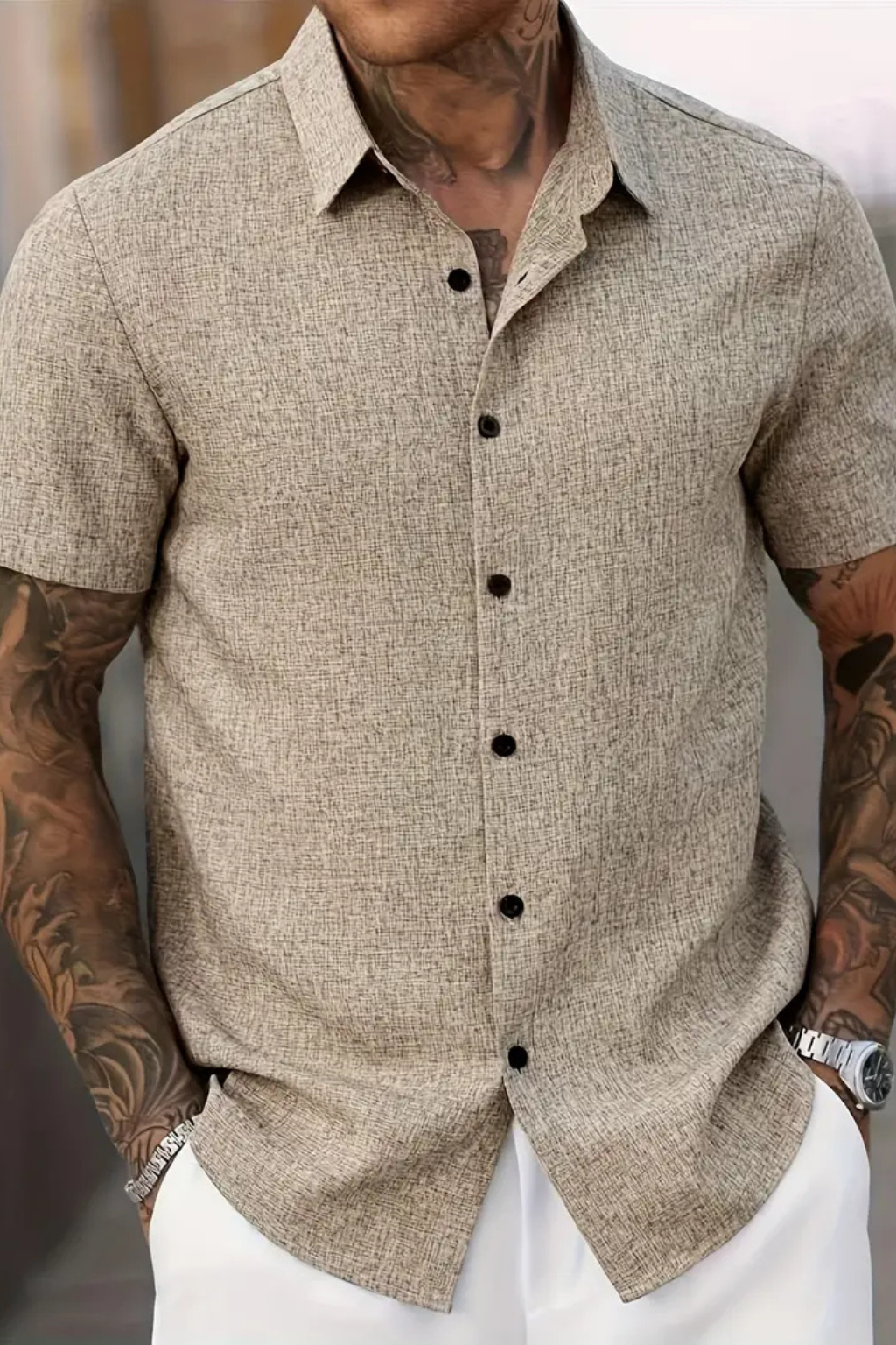 White men's short sleeve button down shirt, classic summer casual wear, relaxed fit for men's fashion.