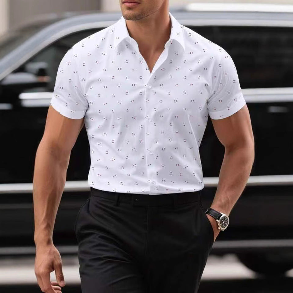 Men's casual short-sleeve button-front shirt with a stylish allover print, perfect for summer fashion.