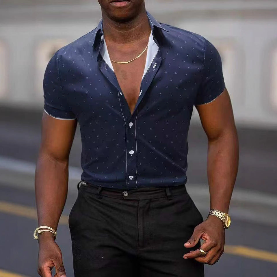 Smart casual men's printed shirt with short sleeves & spread collar. Ideal for summer outfits.