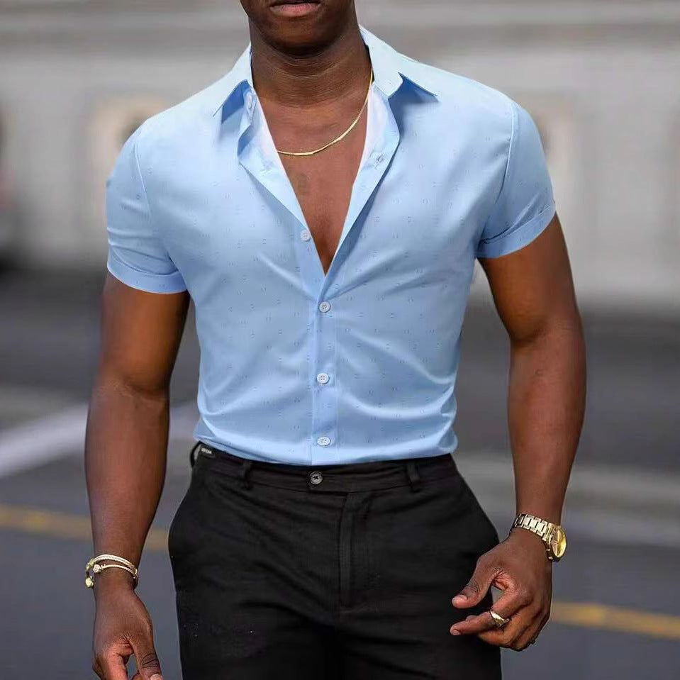 Fashionable men's short-sleeve shirt with a unique allover print. Comfortable button-front casual wear.