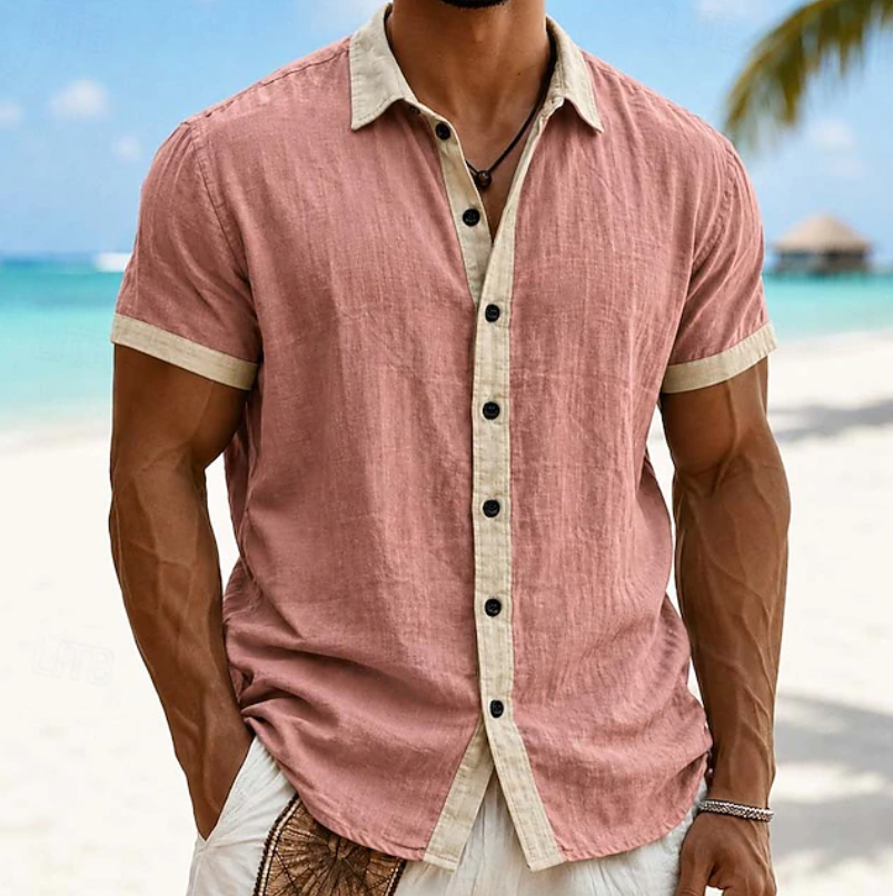 Modern men's everyday short sleeve button-up shirt. A relaxed, comfortable casual style for summer fashion.