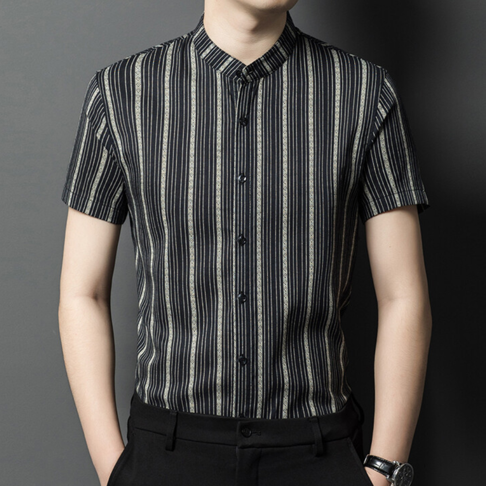 Men's casual short sleeve button-up shirt with modern vertical stripes. Perfect for summer comfort & tailored style.