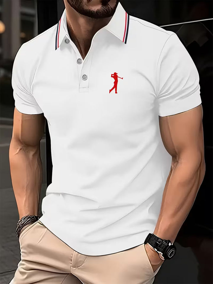 Men's casual short-sleeve golf shirt with vibrant print, perfect for on-course play or off-course style.