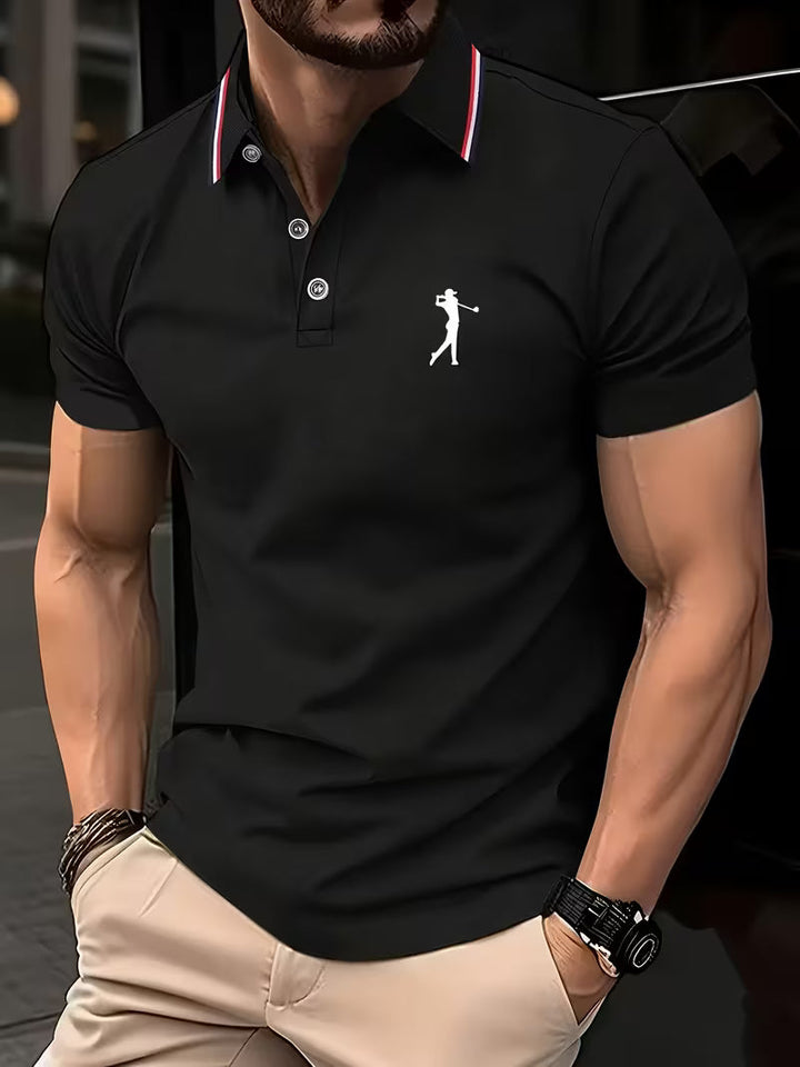 Men's casual golf polo with a vibrant print, perfect for warm weather and versatile wear.