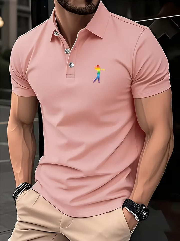 Trendy men's golfwear shirt, short-sleeve with a unique print for both sport & casual looks.