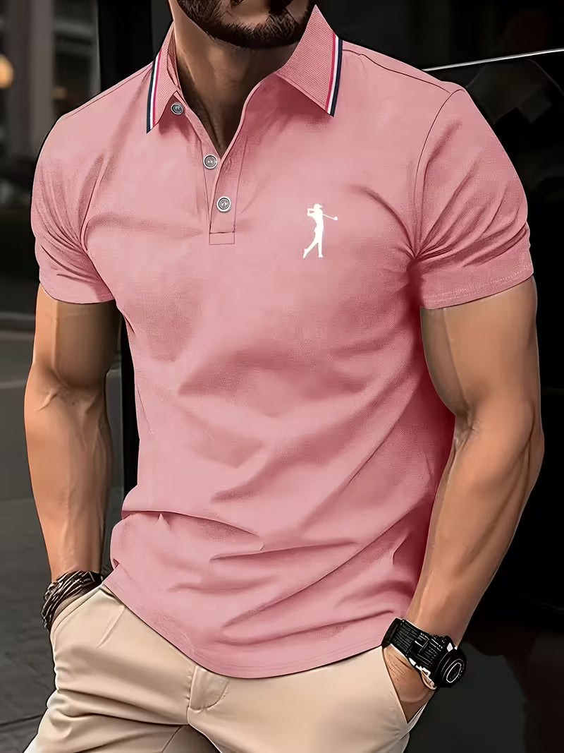 Comfortable men's golf polo shirt with unique print, designed for casual style & active wear.