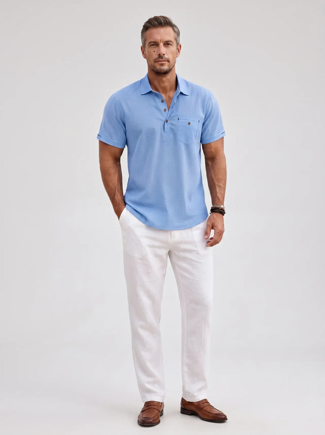 Comfortable men's smart casual short sleeve polo shirt, versatile for spring and summer outfits.