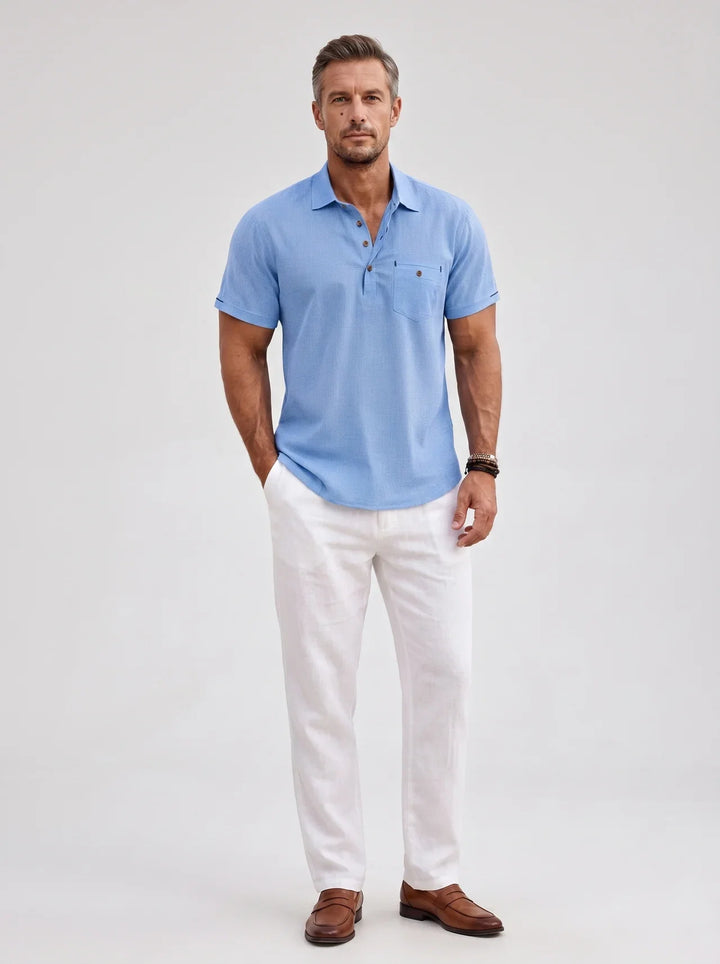 Comfortable men's smart casual short sleeve polo shirt, versatile for spring and summer outfits.