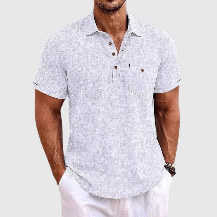 Lightweight men's knit short sleeve polo, offering a smart casual look for spring and warm weather outfits.