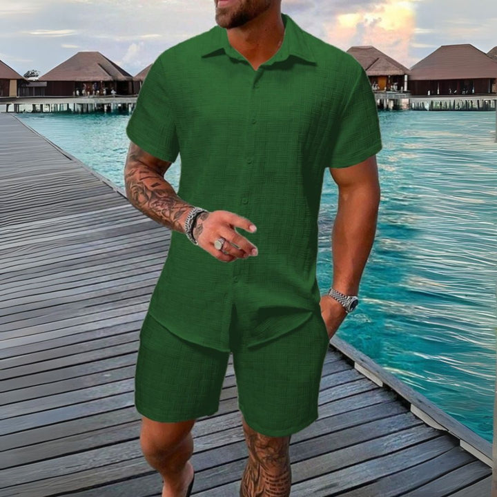 Men's summer casual set, featuring a relaxed short sleeve shirt and comfy shorts for beach or daily wear.
