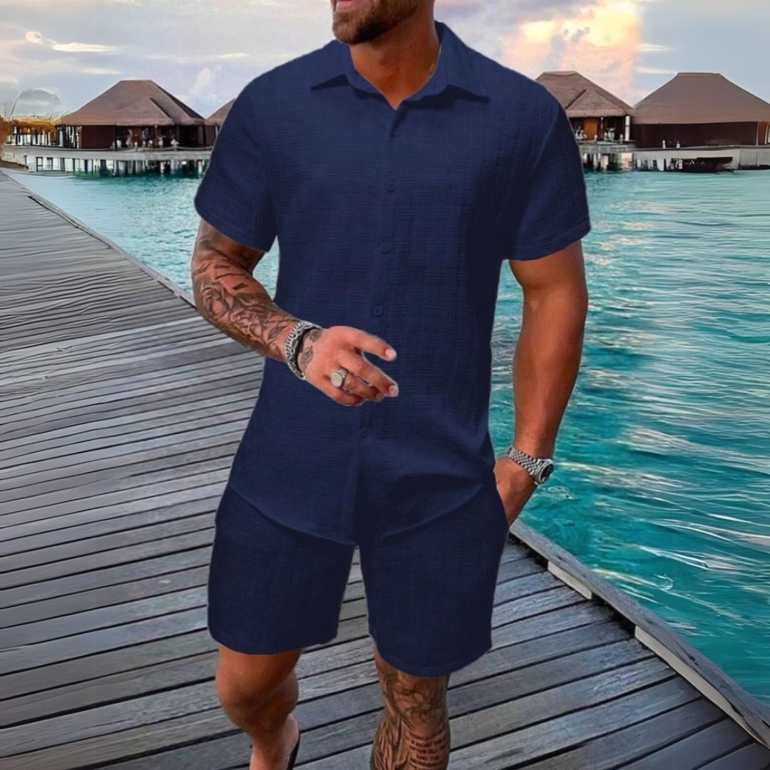 Comfortable men's short sleeve shirt & shorts matching set, perfect for a casual summer or beach day.