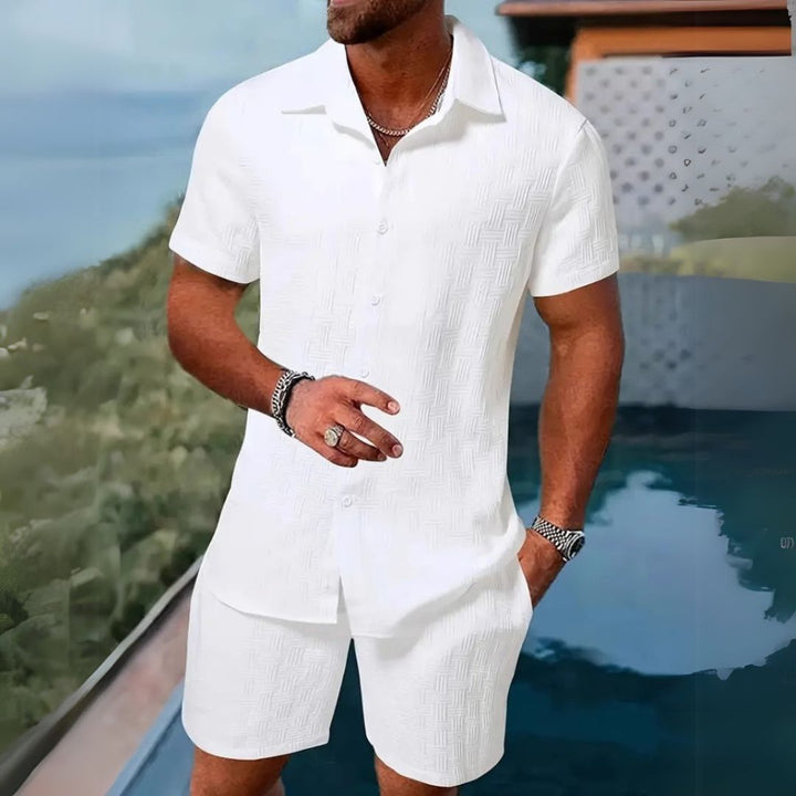 Versatile men's casual twopiece set, short sleeve shirt and shorts, designed for summer comfort and style.