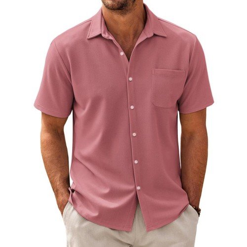 Men's solid color short sleeve shirt with chest pocket for a relaxed look.
