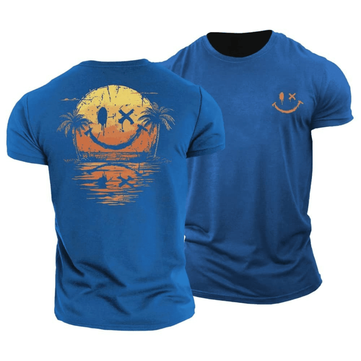 Men's casual short-sleeve summer t-shirt with a relaxed fit & bold smiley graphic, perfect for beach & festivals.