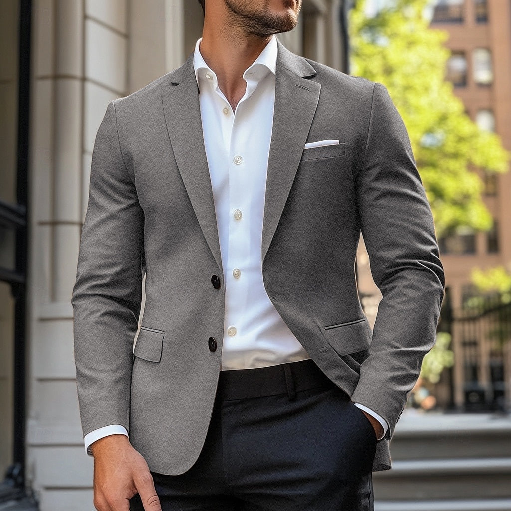 Close-up of men's lightweight casual jacket fabric, single-breasted. Versatile smart-casual fashion for everyday wear.