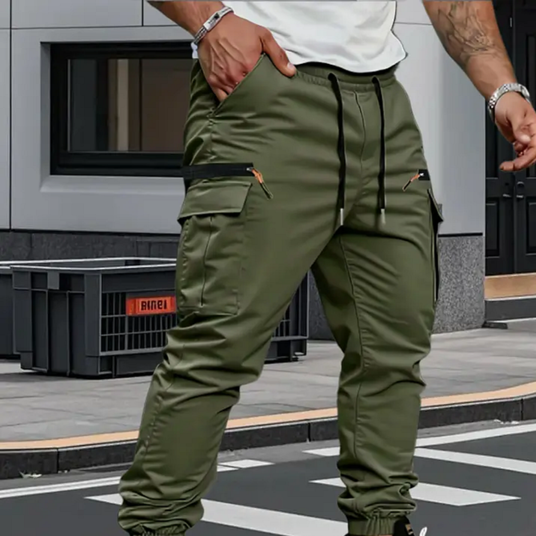 Men's casual stretch cargo pants in a neutral color, offering everyday comfort and versatile style.
