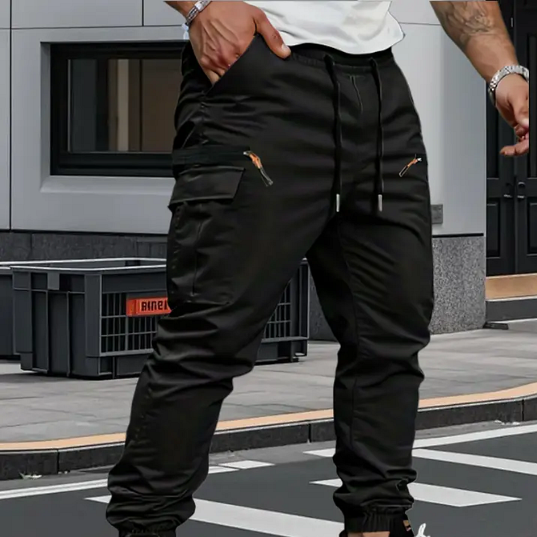 Rugged men's stretch cargo pants with practical pockets, ideal for outdoor activities & casual comfort.