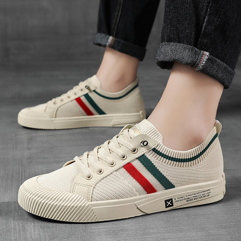 Comfortable men's casual striped lace-up sneakers with low top design for easy everyday wear footwear.