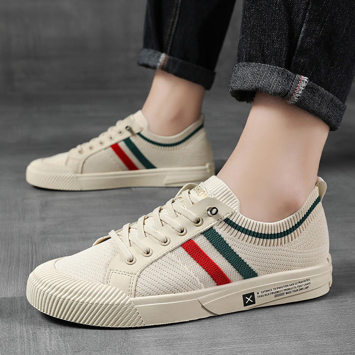 Comfortable men's casual striped lace-up sneakers with low top design for easy everyday wear footwear.