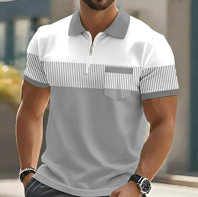 Men's casual striped polo shirt with a modern zipper collar and short sleeves, perfect for summer everyday style.