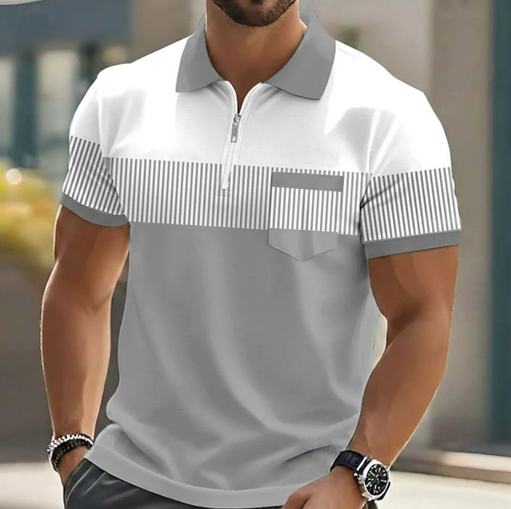 Men's casual striped polo shirt with a modern zipper collar and short sleeves, perfect for summer everyday style.
