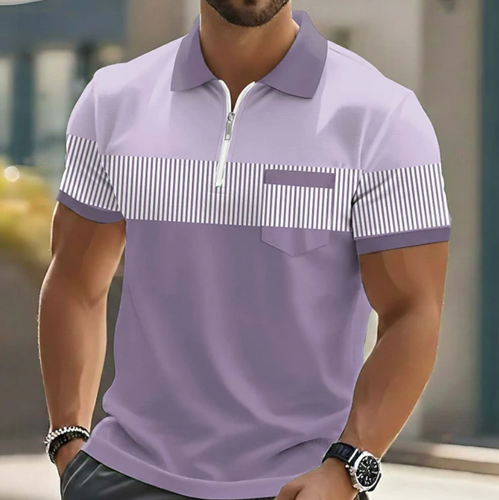 Comfortable men's striped polo shirt with a stylish zipper, ideal for casual wear and modern men's fashion.