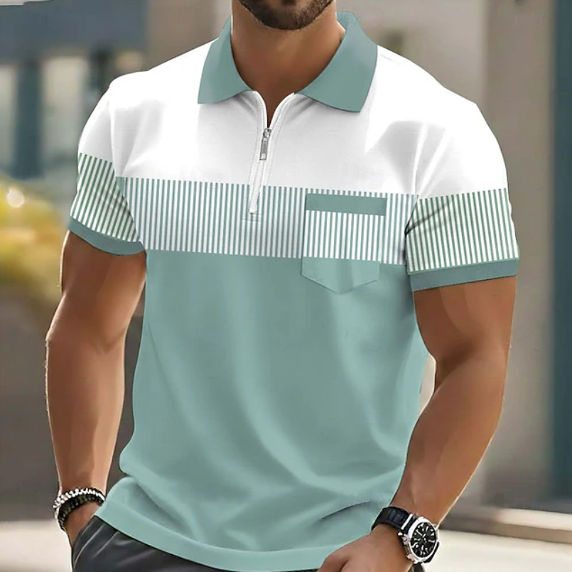 Men's short sleeve striped polo shirt featuring a trendy zipper, great for casual summer wear and everyday style.