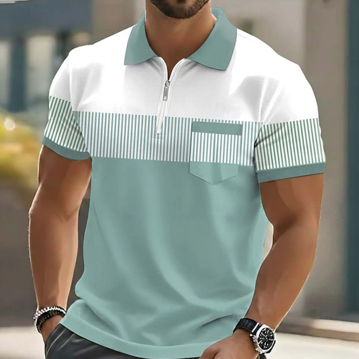 Men's short sleeve striped polo shirt featuring a trendy zipper, great for casual summer wear and everyday style.