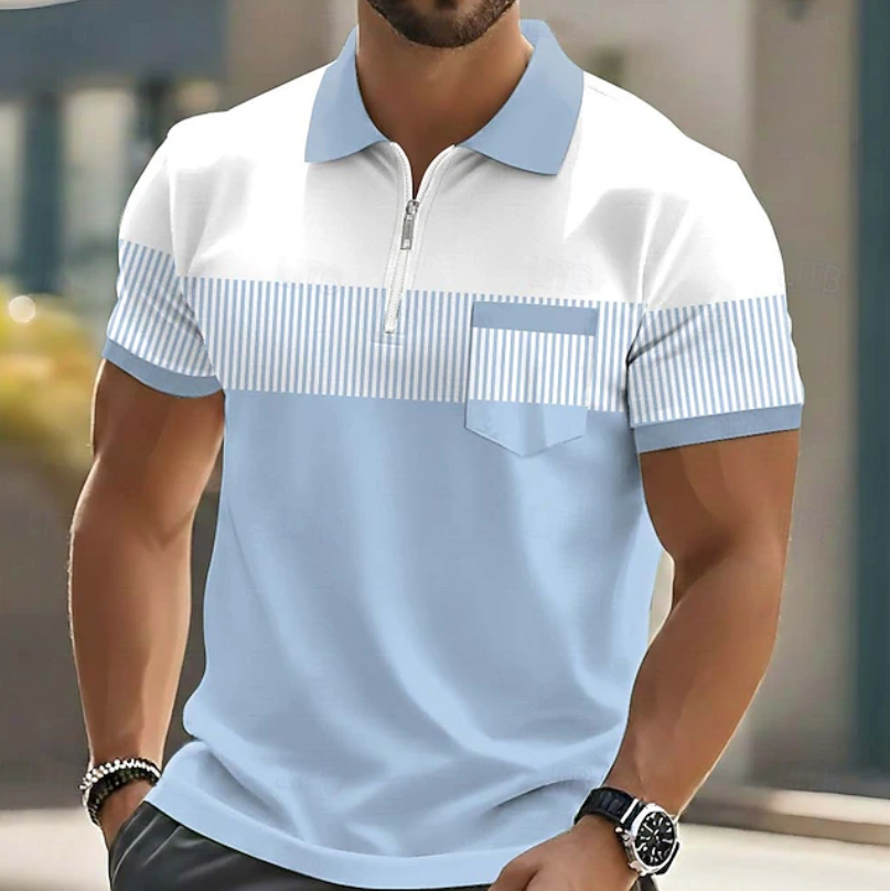 Stylish men's casual striped polo shirt with a functional zipper, a comfortable and modern short sleeve summer top.