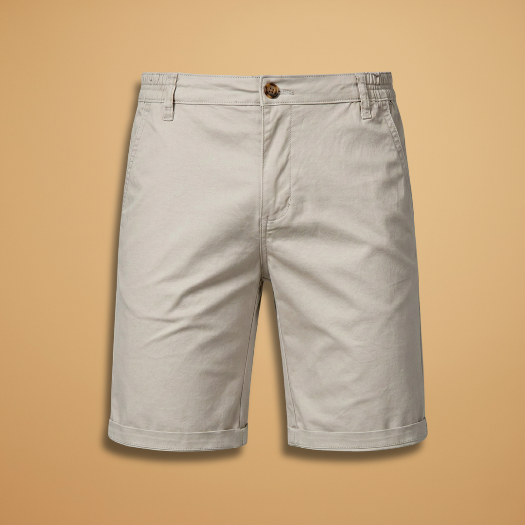 Men's casual structured fit shorts for warm weather, featuring a button fly and zip closure.