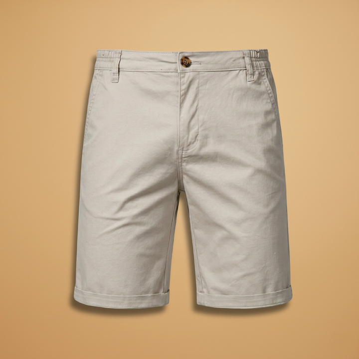 Men's casual structured fit shorts for warm weather, featuring a button fly and zip closure.