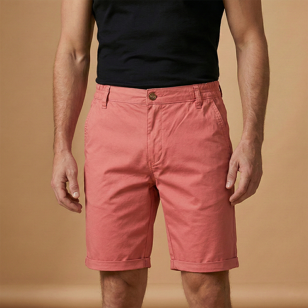 A pair of men's casual shorts featuring a structured fit and a secure zip closure.