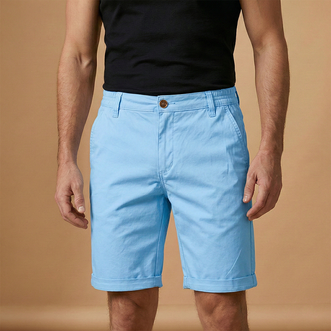 Front view of men's casual structured fit shorts, highlighting the button fly.