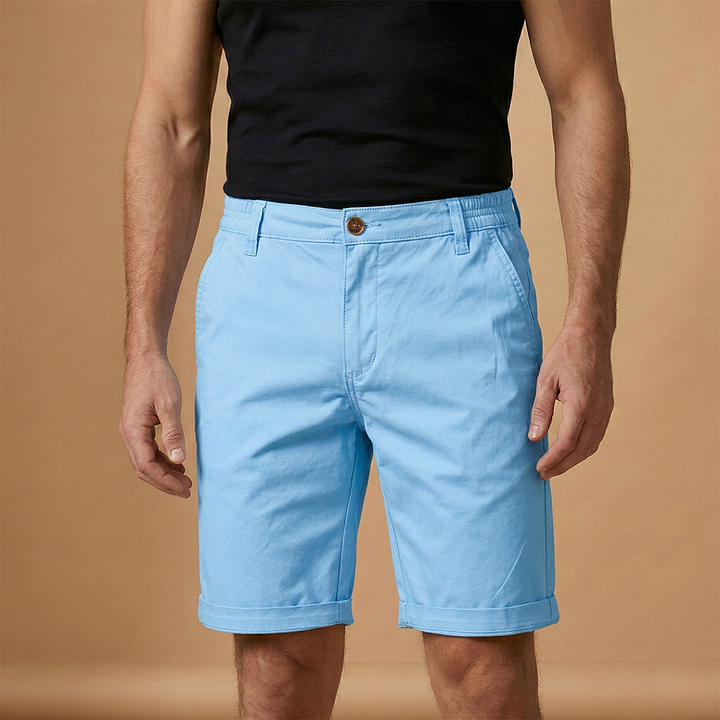 Front view of men's casual structured fit shorts, highlighting the button fly.