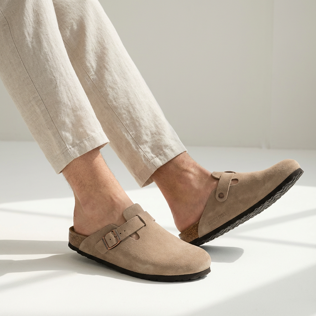Men's casual suede clog mules with adjustable buckle strap for easy slip-on comfort.