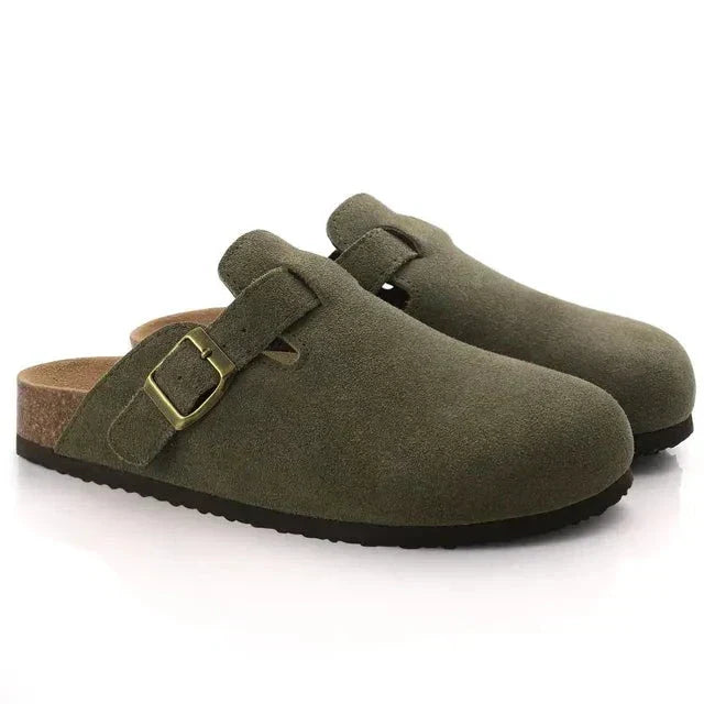 Lifestyle shot of men wearing casual suede clog mules for relaxed comfort.