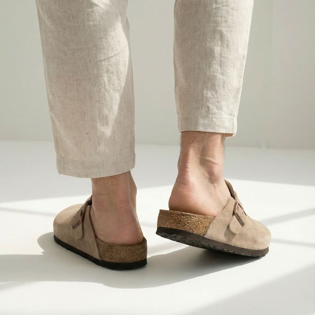 Stylish men's suede slippers featuring a decorative buckle strap and closed-toe design.