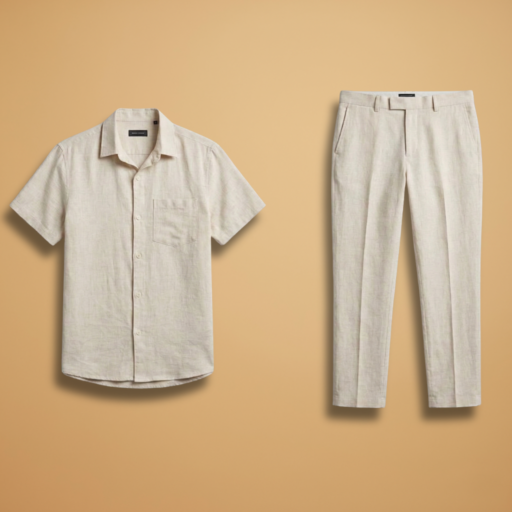 Men's casual summer outfit featuring a short-sleeve shirt & straight-leg pants. Stylish two-piece set for relaxed wear.