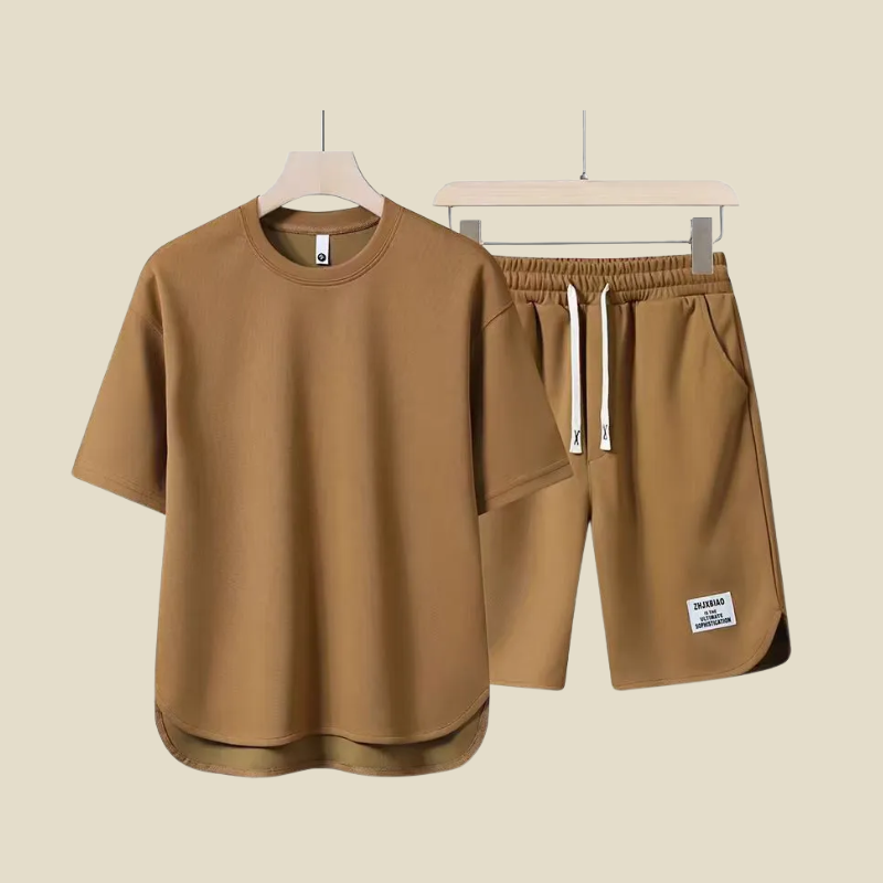Men's casual summer outfit set: short sleeve t-shirt and drawstring shorts. Perfect for warm weather & lounge.