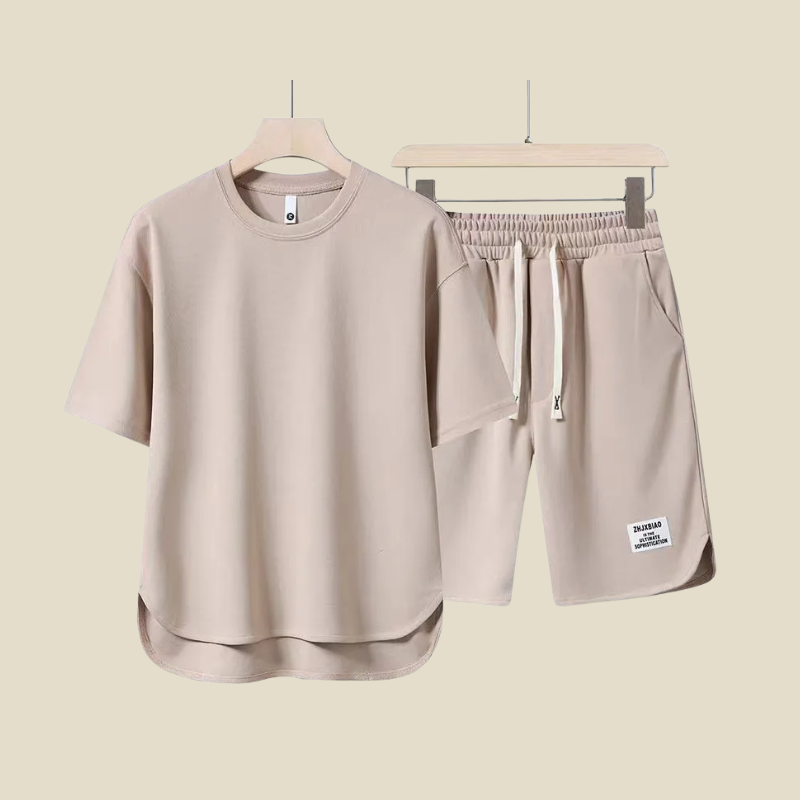 Relaxed fit men's two-piece set for summer. Comfortable short sleeve tee and drawstring shorts for holidays.