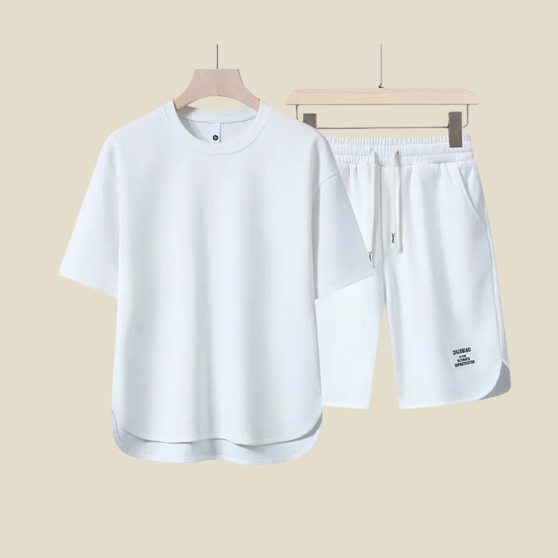 Stylish men's summer set featuring a short sleeve t-shirt & comfy drawstring shorts. Ideal for casual wear.