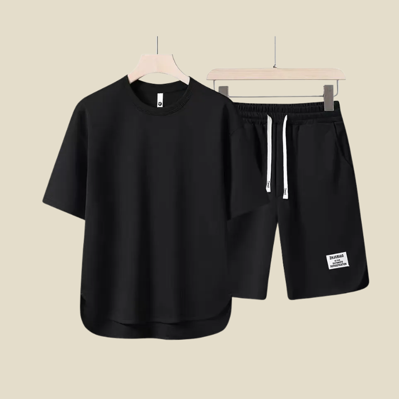 Men's casual summer fashion set with a comfortable tee and drawstring shorts. Perfect for everyday or holiday.